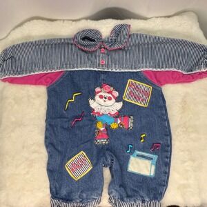 Vintage 90's‎ Baby 6-9 mths Bubble Romper Teddy bear Skating 100% Cotton Blue